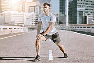 Runner stretching legs for exercise, workout and fitness training for sport performance in the urban city. Motivation