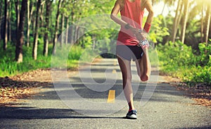Runner stretching legs before running at morning tropical forest trail
