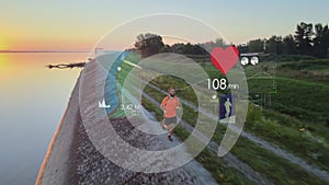 Runner at sunrise with holographic fitness tracker. 3D render animation concept