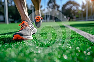 runners feet with sports shoes on artificial turf, midstride