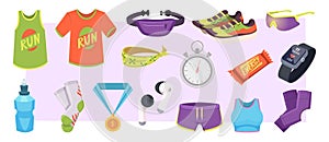 Runners items. Sport tools for runners fitness accessories for marathoners exact vector illustrations