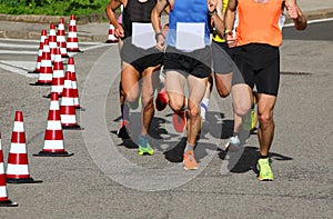 runners during the marathon on the city streets run in sneakers