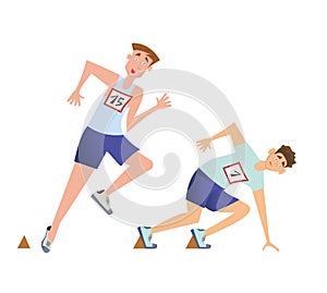 Runners sprinters start. Two men at the start of the running competition. Vector illustration, isolated on white
