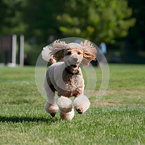 Running across the park, a Miniature Poodles fur bounces with each step photo