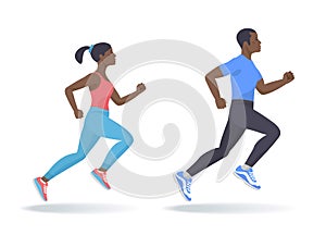 The running afroamerican woman and man set. Flat vector illustration.