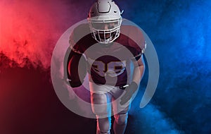 Running american football player banner with neon lights. Template for bookmaker ads with copy space. Mockup for betting