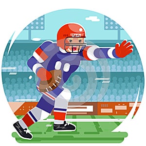 Running american football rugby player chatacter agressive sport stadium flat design vector illustration