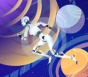 Running Android robot woman in space, Futuristic vector fantasy art of the future. overcoming space, interplanetary