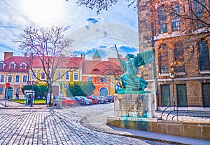 The Running Angel monument on Becsi kapu Ter on Buda Castle Quarter in Budapest, Hungary