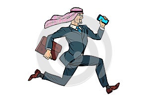 Running Arab businessman isolated on white background