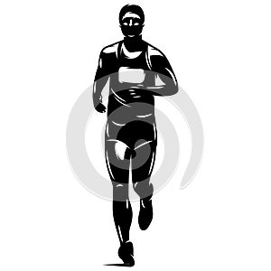 Running athlete participating in a marathon. Vector monochrome illustration