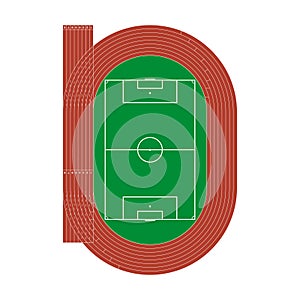 Running athletics track with soccer stadium. Top view of athletics arena with lines and marks. Vect