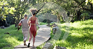 Running, back and couple of friends in forest, cardio training and exercise for race challenge on path. Athlete, man and