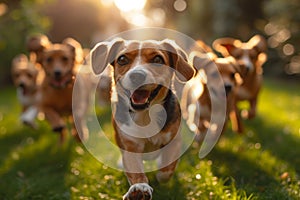 Running beagle dogs run on the green grass in summer