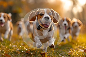 Running beagle dogs run on the green grass in summer