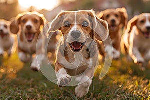 Running beagle dogs run on the green grass in summer