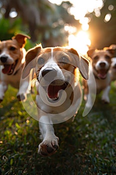 Running beagle dogs run on the green grass in summer