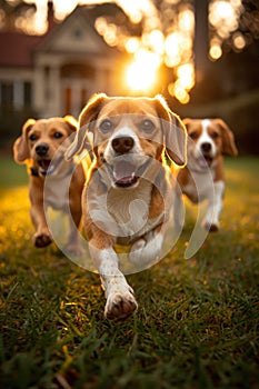 Running beagle dogs run on the green grass in summer