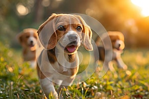 Running beagle dogs run on the green grass in summer