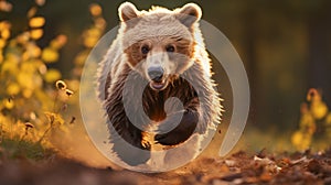 Running Bear In Forest: A Captivating Close-up By Dimitry Roulland