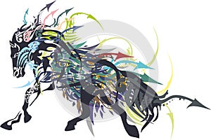 Running black horse colorful splashes with arrows elements on white