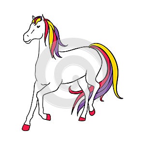 Running black line horse with colored tail and mane on white background. Vector graphic icon