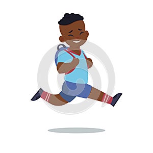 Running boy. African cartoon happy child with backpack, character smiling laughing and jumping, active pose school kids