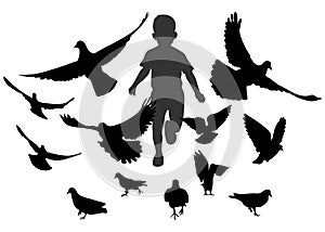 Running boy chases birds pigeons, black silhouette. Carefree childhood. Vector illustration