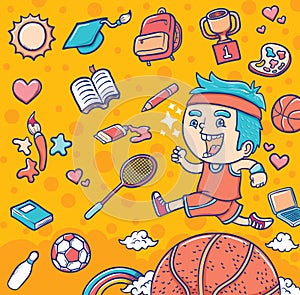 Running boy with sport and education euipment illustration