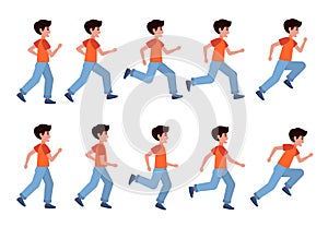 Running boy. Young athlete training, jogger profile sprint, kids marathon, side view different hand and foot positions