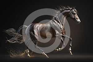 Running brown horse on black background. Generative AI.