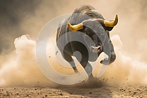 Running bull with dust and copy space.