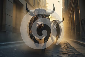 Running of bulls in Pamplona, Spain. Bull running in Pamplona is traditional event during San Fermin festival where photo