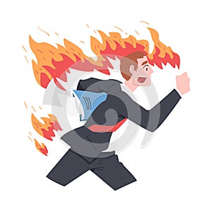Running Burning Businessman, Stress, Burnout, Emotional Problems Concept Cartoon Style Vector Illustration