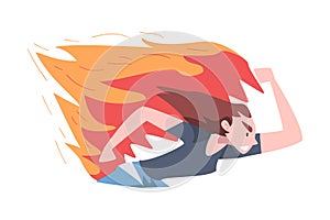 Running Burning Girl, Stress, Burnout, Emotional Problems Concept Cartoon Style Vector Illustration