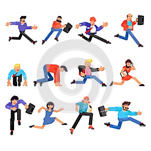 Running business man vector people businessman woman runner character working fast illustration set of hurry workers in