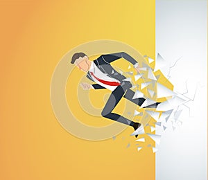 Running Businessman Breaking the wall to success. Business concept illustration.