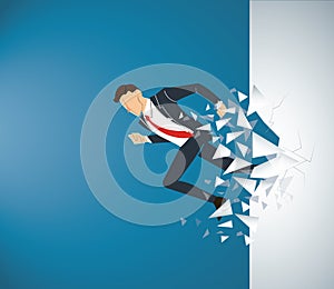 Running Businessman Breaking the wall to success. Business concept illustration.