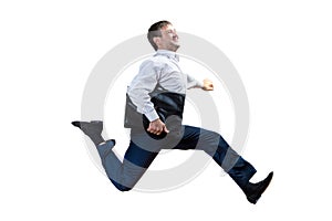 Running businessman with briefcase, isolated on white background.
