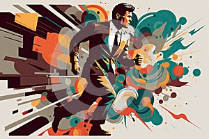 Running Businessman Drawing, Way to Success, Escaping, Busy Business Man Run, Abstract Generative AI Illustration