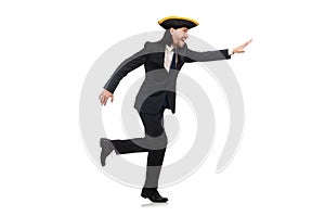 The running businessman wearing tricorn isolated on white