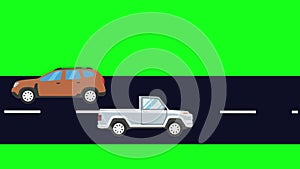 Running cars on the road, cartoon animation on green screen background