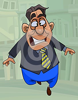 Running cartoon funny man in a suit and tie smiling broadly photo