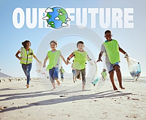 Running children, climate change or beach clean up in ocean waste management, sea recycling or nature sustainability