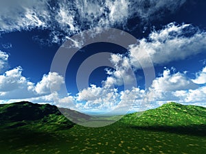 Running clouds on green pastures