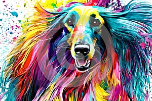 Running colorful Afghan Hound dog