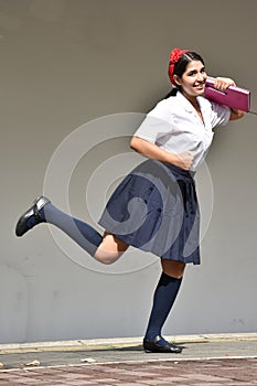 Running Cute Colombian Student Teenager Wearing Skirt