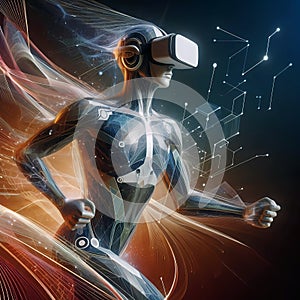 Running through cyberspace using virtual reality glasses photo