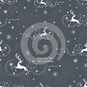 Running deer. Winter. Snow deer gallop in sky. Merry Christmas. Seamless grey background, pattern.