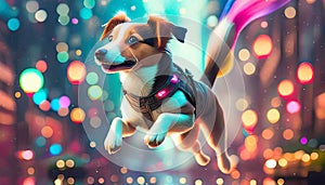 running dog on a colorful light background with a bokeh effect